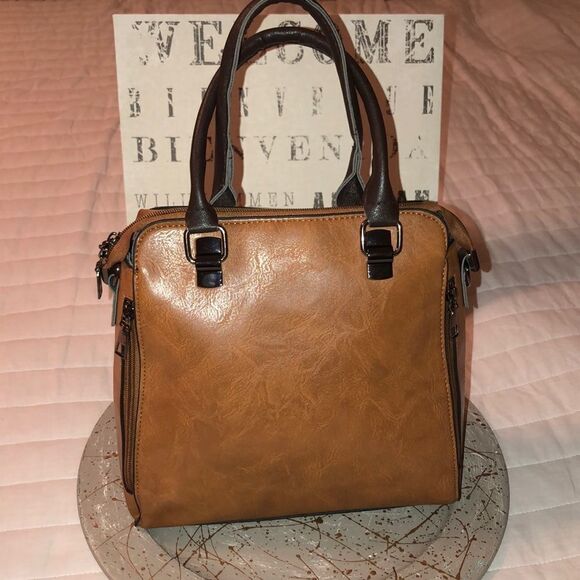 Faux Leather Satchel in Caramel Brown Combo with detailed zippers - Picture 1 of 11